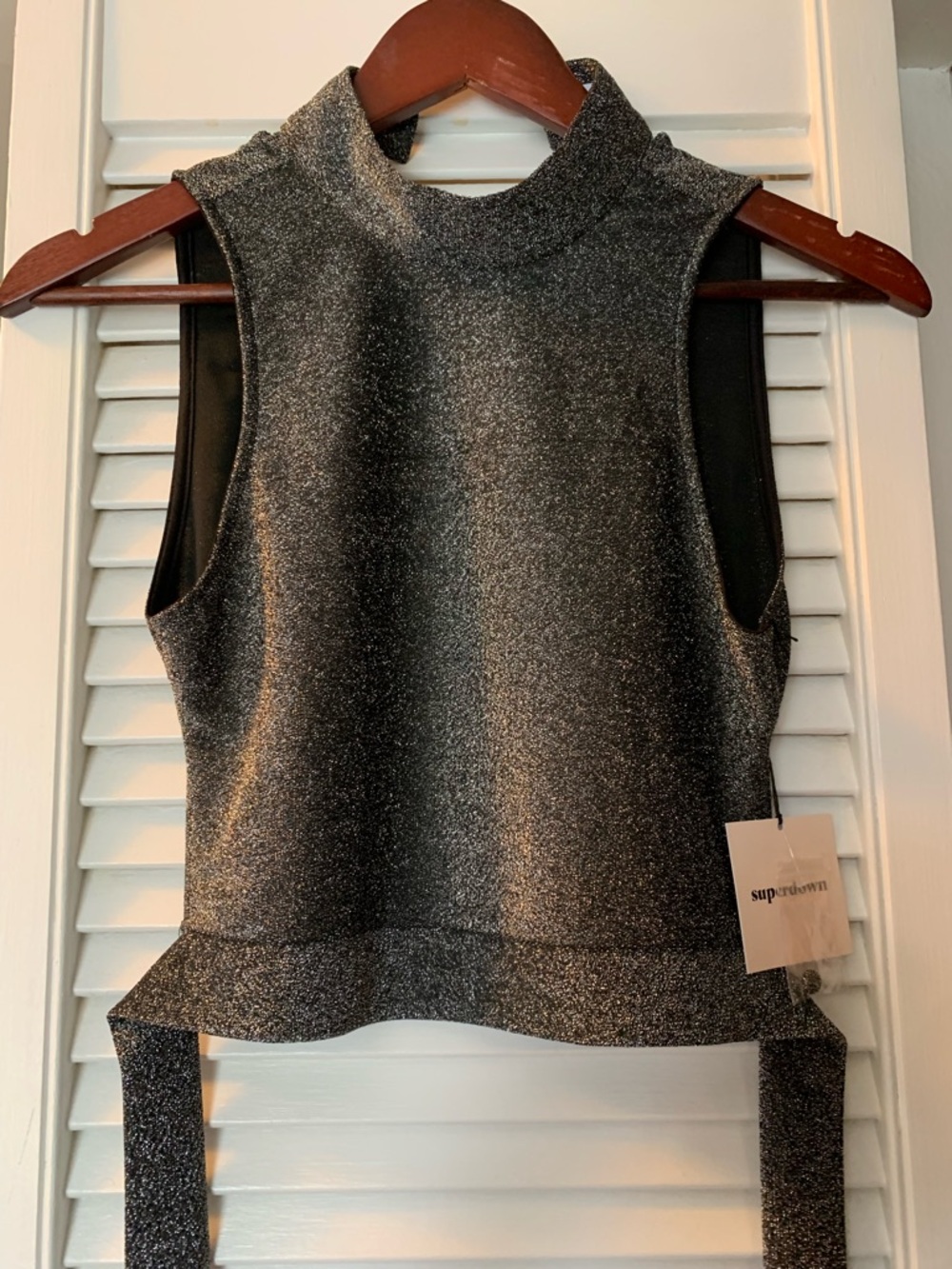 Superdown Metallic Black Sleeveless Mock Neck Top